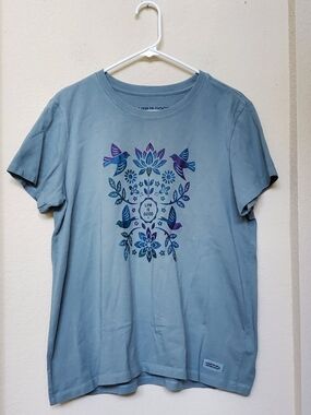 Life is Good Blue Graphic Tee with Floral Birds. Size Large